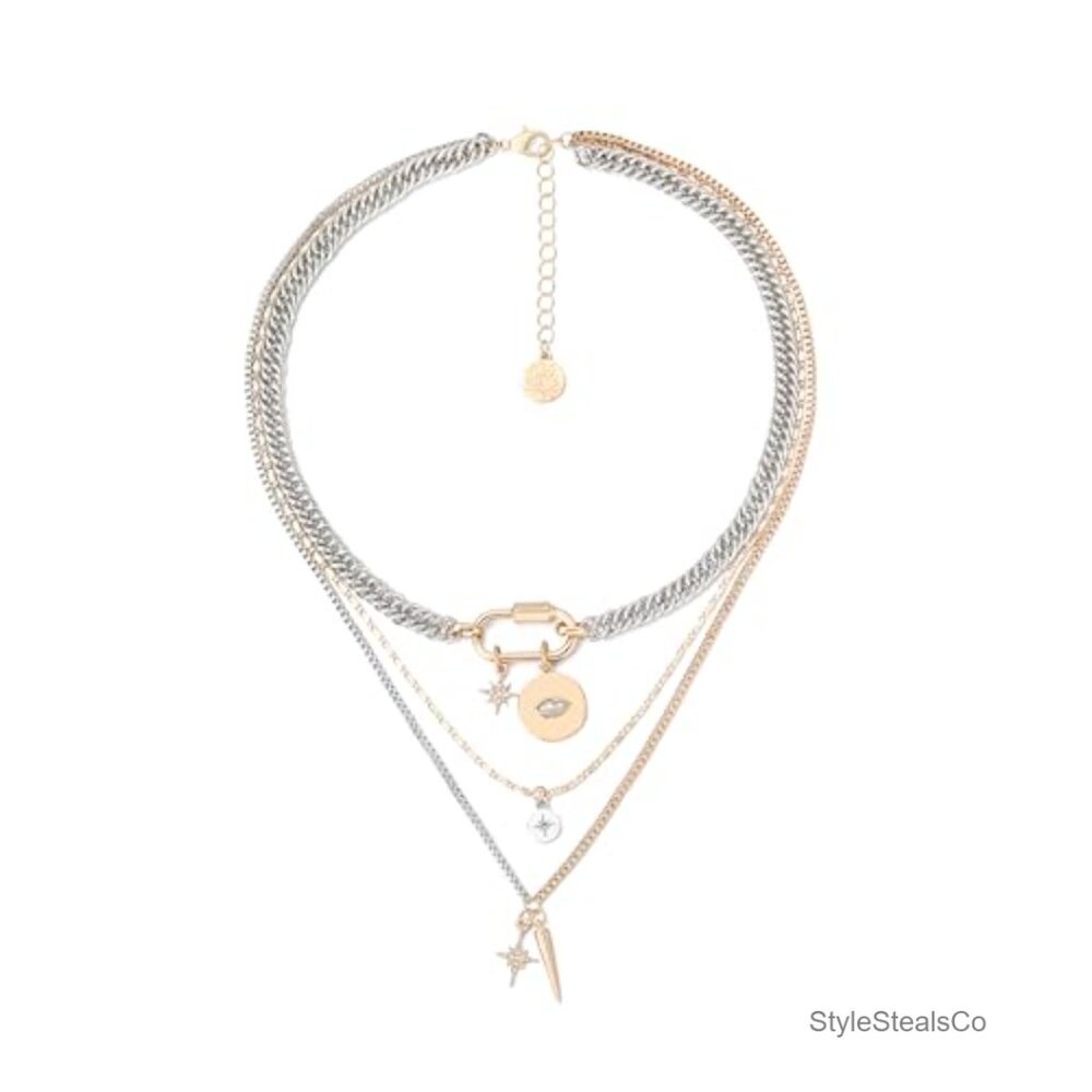3-Piece Mixed Metal Layered Necklace Set with Evil Eye & Star Charms - Picture 5 of 6
